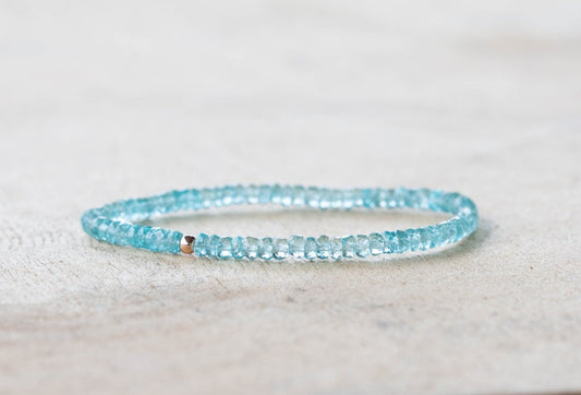 Aqua Apatite Stretch Bracelet, Dainty Blue Beaded Gemstone Elastic Stacking Jewelry