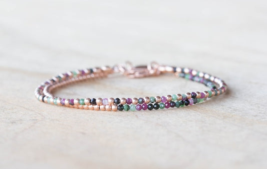 Ruby Zoisite Bracelet Set, Sterling Silver or Rose Gold Filled, Delicate Dainty Gemstone Jewelry