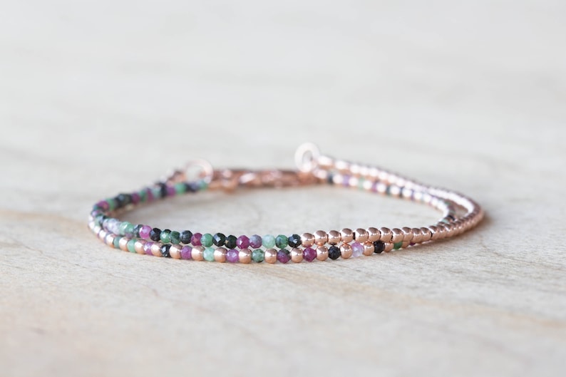 Ruby Zoisite Bracelet Set, Sterling Silver or Rose Gold Filled, Delicate Dainty Gemstone Jewelry