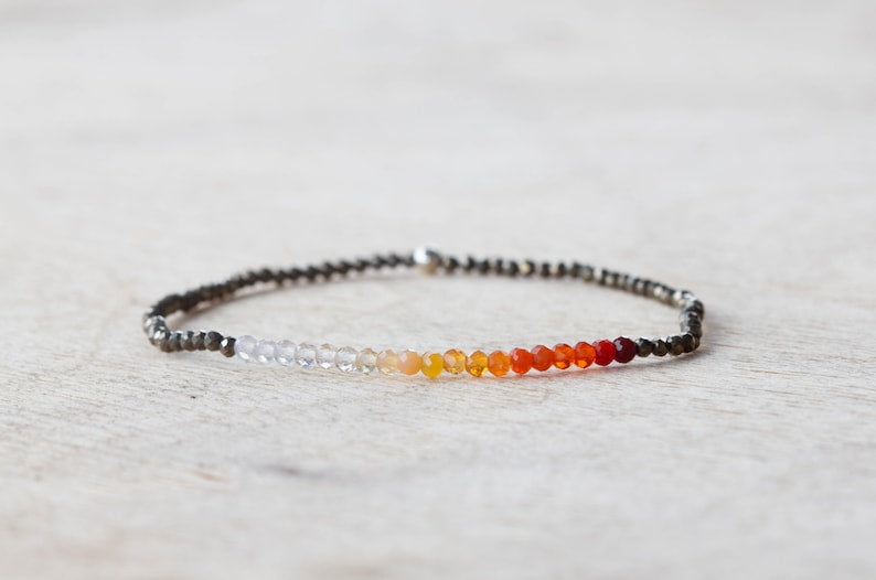 Pyrite & Mexican Fire Opal Stretch Bracelet, Delicate Beaded Minimal Gemstone Jewelry, Claspless Elastic