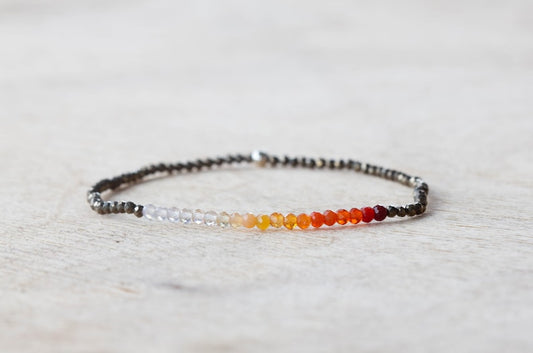 Pyrite & Mexican Fire Opal Stretch Bracelet, Delicate Beaded Minimal Gemstone Jewelry, Claspless Elastic