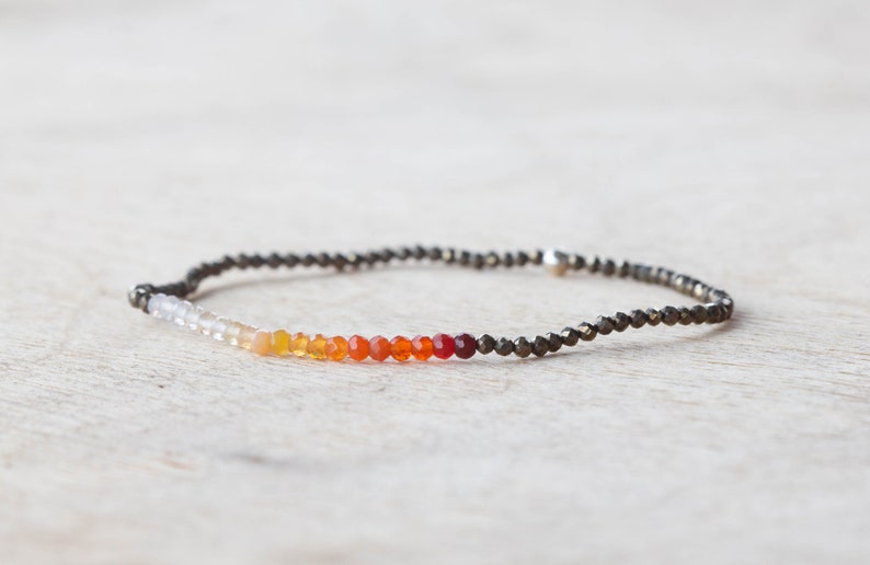 Pyrite & Mexican Fire Opal Stretch Bracelet, Delicate Beaded Minimal Gemstone Jewelry, Claspless Elastic