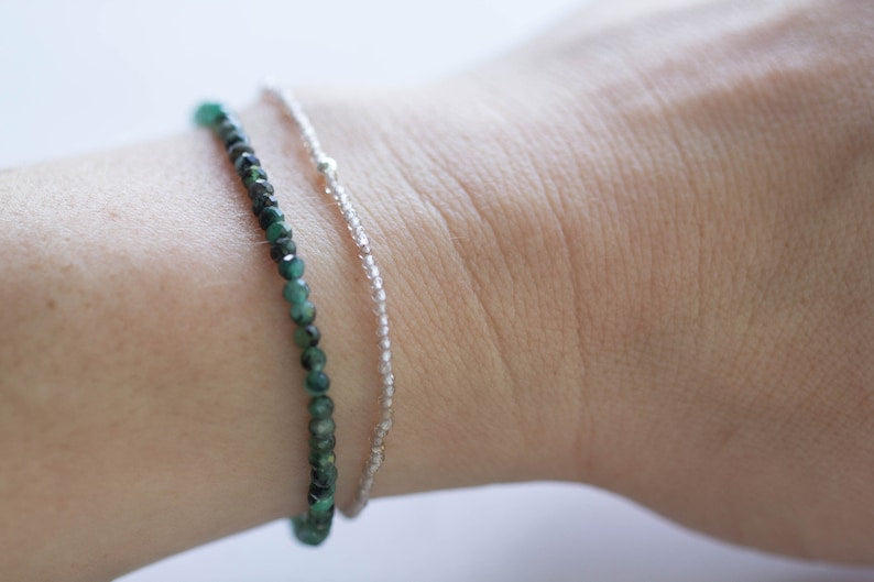 Emerald Stretch Bracelet, Beaded Delicate Elastic Jewelry, May Birthstone