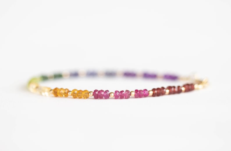 Dainty Rainbow Gemstone Bracelet with Garnet, Tourmaline, Citrine, Apatite & Amethyst, Sterling Silver Rose Gold Fill