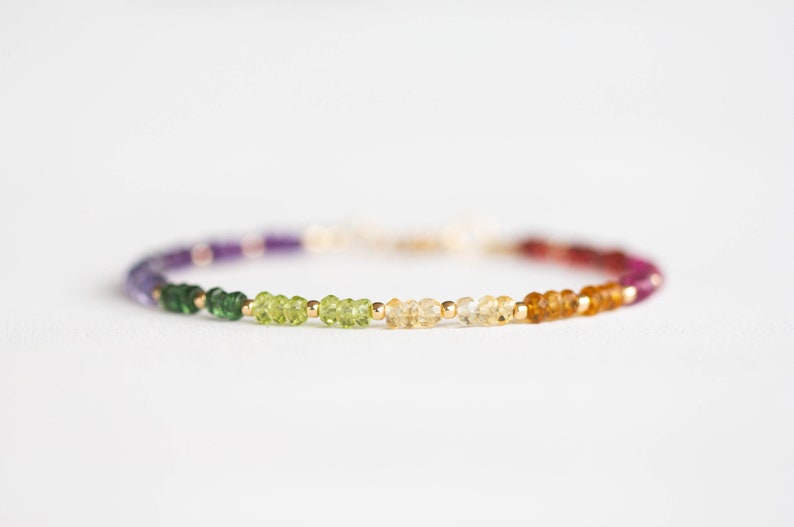 Dainty Rainbow Gemstone Bracelet with Garnet, Tourmaline, Citrine, Apatite & Amethyst, Sterling Silver Rose Gold Fill