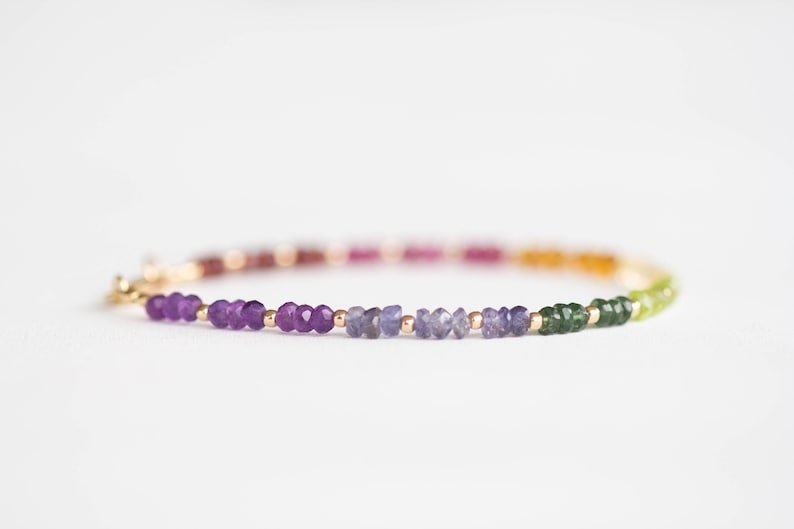 Dainty Rainbow Gemstone Bracelet with Garnet, Tourmaline, Citrine, Apatite & Amethyst, Sterling Silver Rose Gold Fill