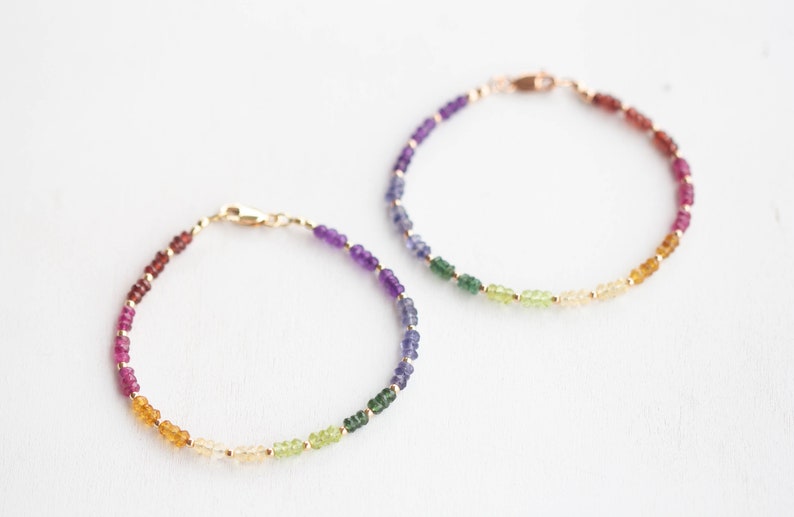 Dainty Rainbow Gemstone Bracelet with Garnet, Tourmaline, Citrine, Apatite & Amethyst, Sterling Silver Rose Gold Fill
