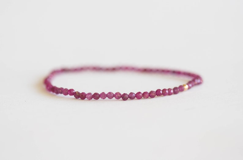 Dainty Ruby Stretch Bracelet, Delicate Elastic Jewelry, Faceted Small Pink Red Gemstone Beads