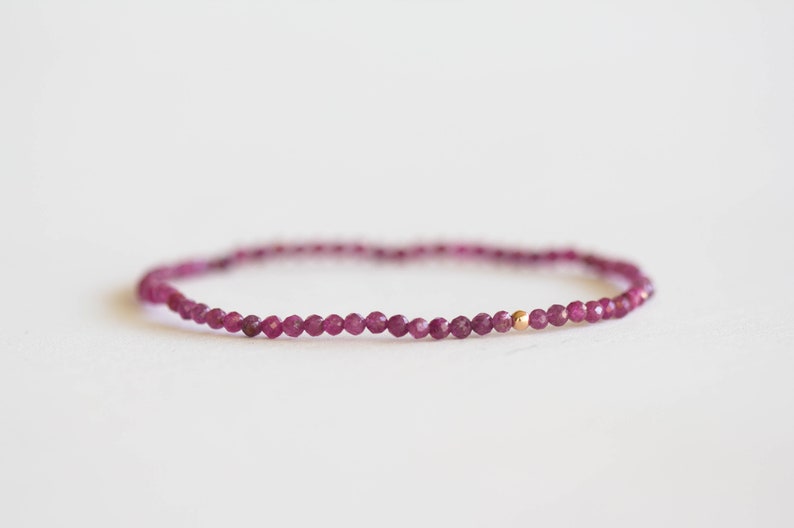 Dainty Ruby Stretch Bracelet, Delicate Elastic Jewelry, Faceted Small Pink Red Gemstone Beads