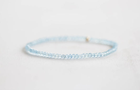 Aquamarine Stretch Bracelet, Dainty Beaded Blue Stone Jewelry, March Birthstone Crystal Gift