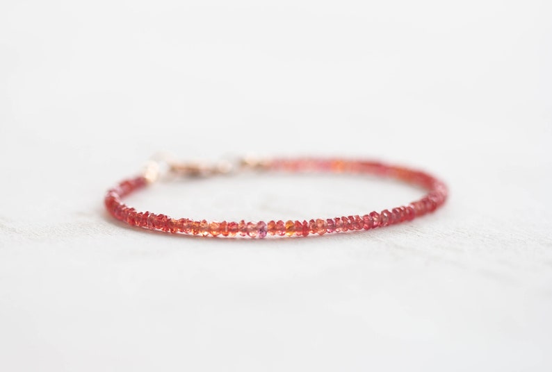 Padparadscha Sapphire Bracelet with Rose Gold Fill or Sterling Silver, Dainty Beaded Red Pink Orange Sapphire Jewelry