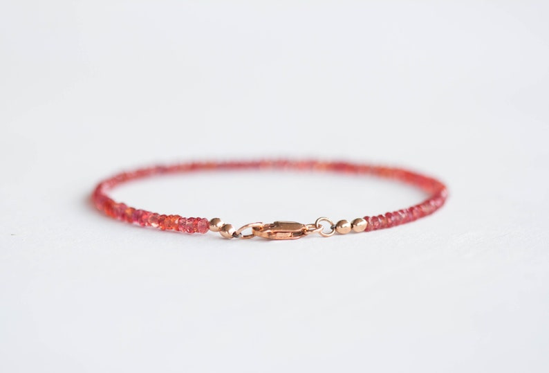 Padparadscha Sapphire Bracelet with Rose Gold Fill or Sterling Silver, Dainty Beaded Red Pink Orange Sapphire Jewelry