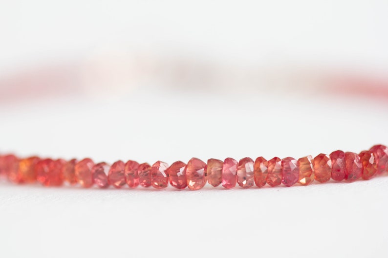 Padparadscha Sapphire Bracelet with Rose Gold Fill or Sterling Silver, Dainty Beaded Red Pink Orange Sapphire Jewelry