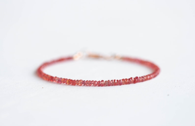 Padparadscha Sapphire Bracelet with Rose Gold Fill or Sterling Silver, Dainty Beaded Red Pink Orange Sapphire Jewelry