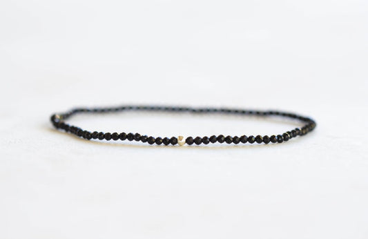 Dainty Black Tourmaline Stretch Bracelet, Ultra Delicate Faceted Beaded Gemstone Jewelry