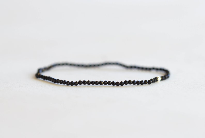 Dainty Black Tourmaline Stretch Bracelet, Ultra Delicate Faceted Beaded Gemstone Jewelry