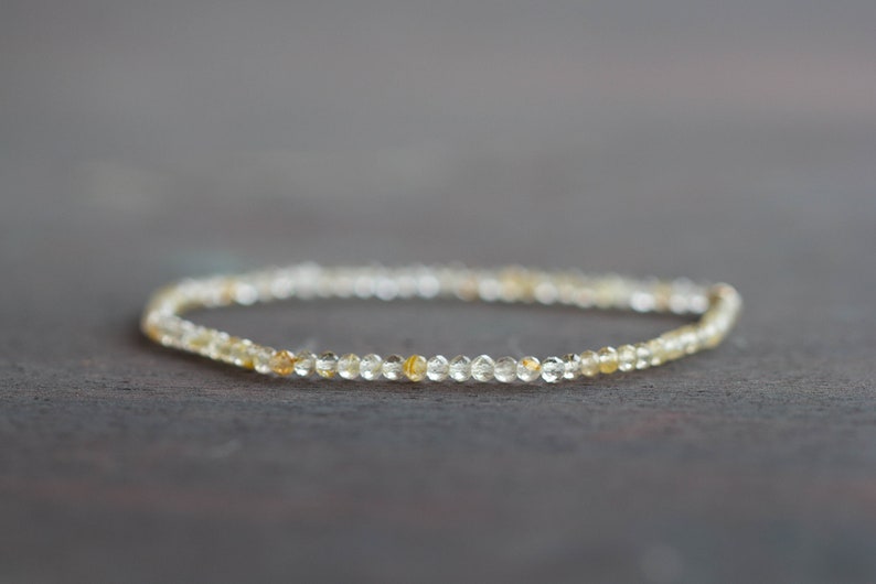 Rutilated Quartz Stretch Bracelet, Beaded Dainty Golden Rutile Quartz Jewelry, Elastic Stacking Bracelet