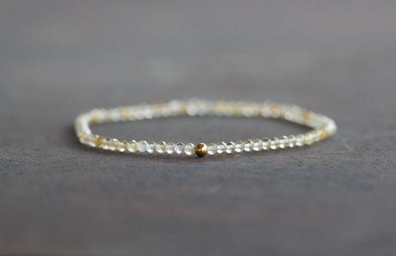 Rutilated Quartz Stretch Bracelet, Beaded Dainty Golden Rutile Quartz Jewelry, Elastic Stacking Bracelet