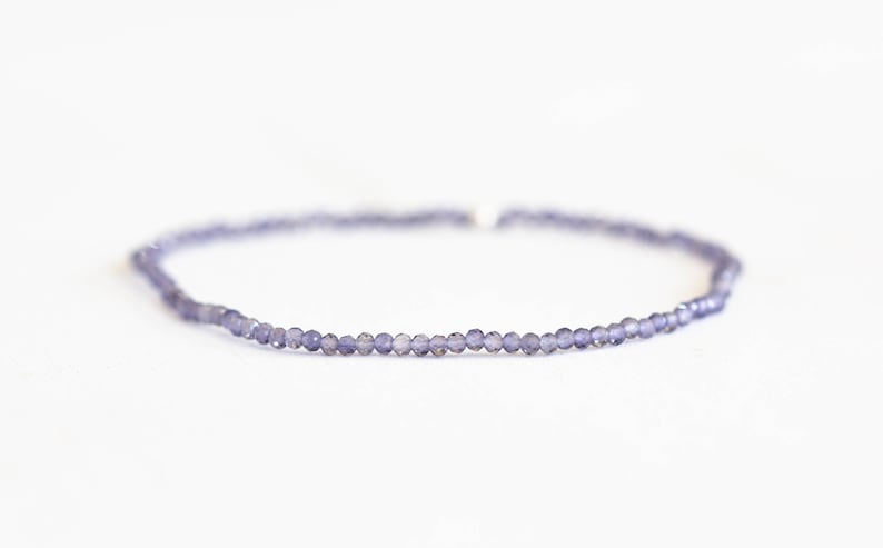 Dainty Iolite Stretch Bracelet, Beaded Shaded Blue Gemstone Elastic Stacking Bracelet, Ultra Delicate Jewelry