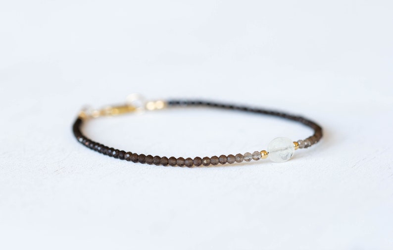 Smoky Quartz Bracelet with Rainbow Moonstone, Dainty Beaded Shaded Ombre Jewelry