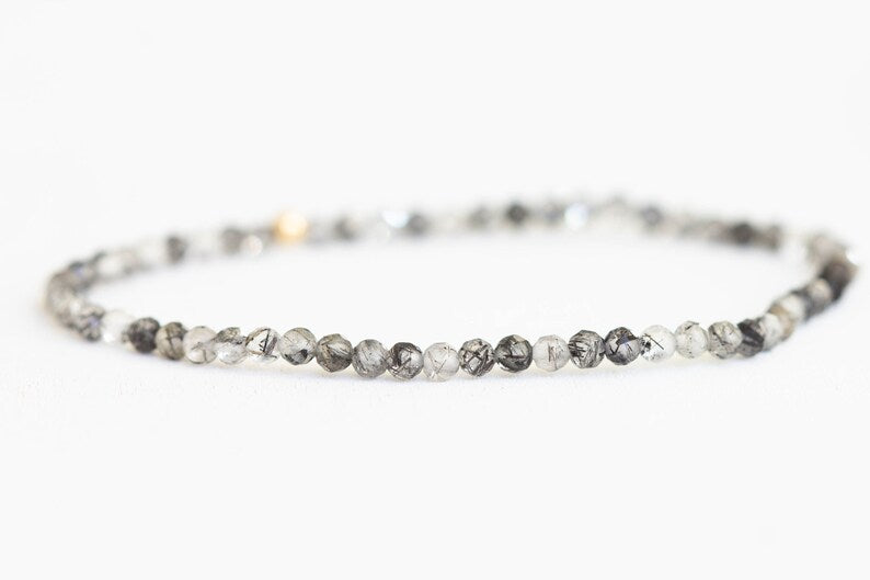 Black Rutilated Quartz Stretch Bracelet, Dainty Beaded Gemstone Jewelry