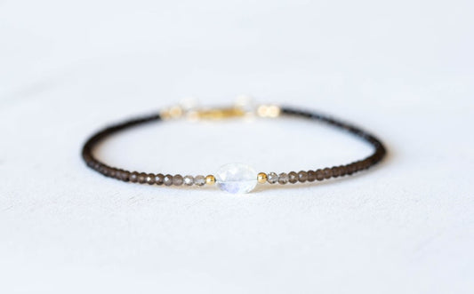 Smoky Quartz Bracelet with Rainbow Moonstone, Dainty Beaded Shaded Ombre Jewelry