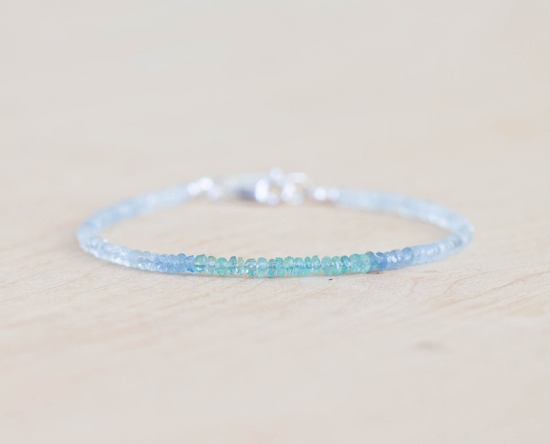 Emerald & Shaded Aquamarine Bracelet, Delicate March May Birthstone Jewelry, Sterling Silver Rose Gold Fill, Natural Genuine Gemstones