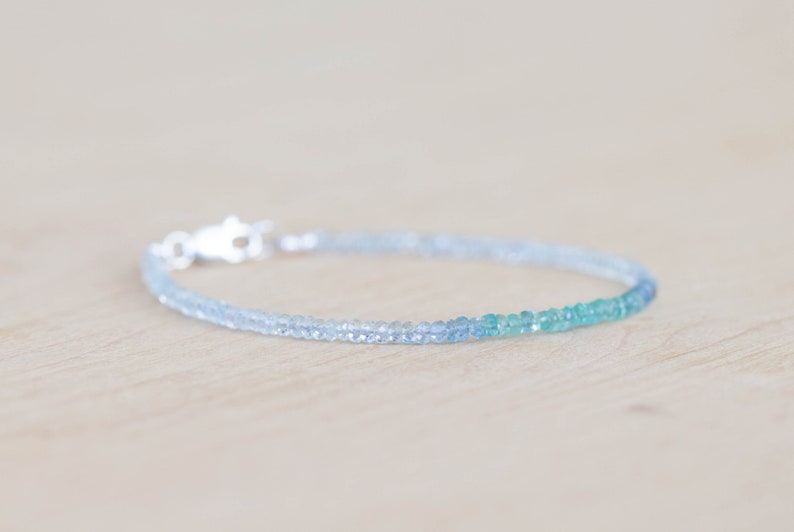 Emerald & Shaded Aquamarine Bracelet, Delicate March May Birthstone Jewelry, Sterling Silver Rose Gold Fill, Natural Genuine Gemstones