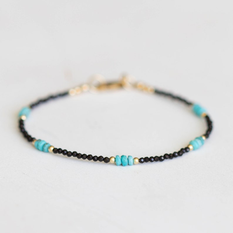 Dainty Black Spinel Bracelet with Genuine Turquoise, Natural Gemstone Jewelry
