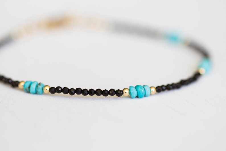 Dainty Black Spinel Bracelet with Genuine Turquoise, Natural Gemstone Jewelry