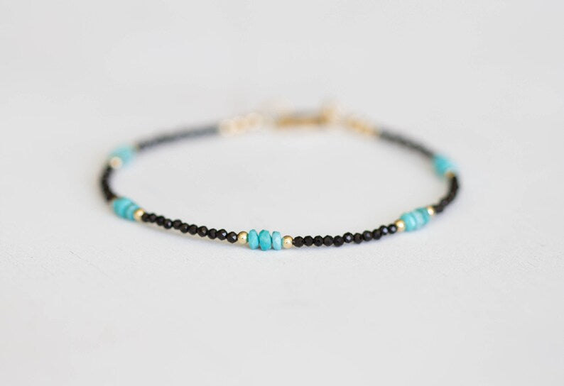 Dainty Black Spinel Bracelet with Genuine Turquoise, Natural Gemstone Jewelry
