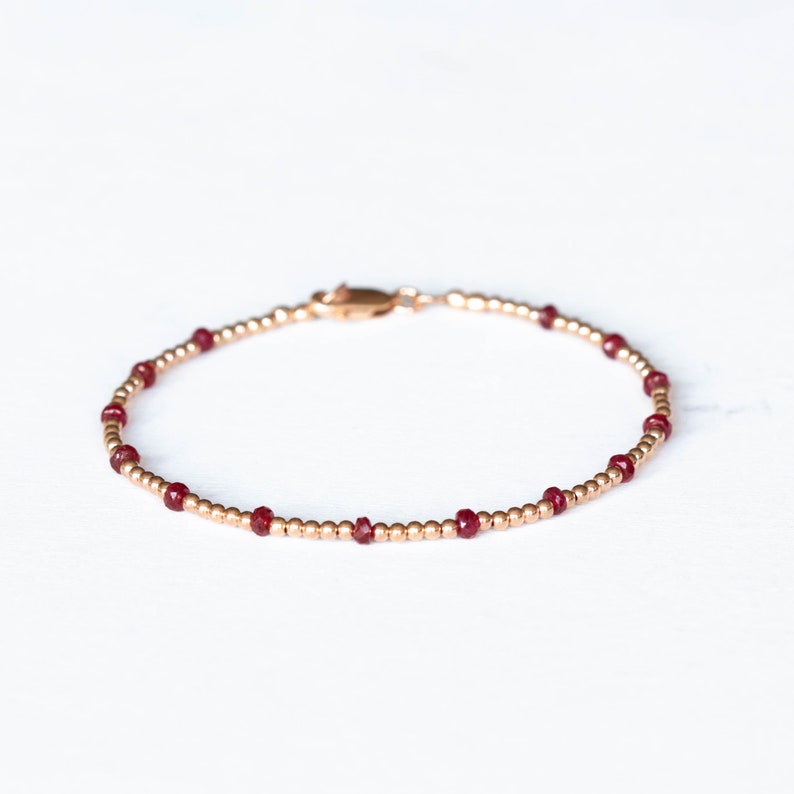 Dainty Rose Gold Fill Beaded Bracelet with Ruby, Skinny Beaded Stacking Jewelry, Sterling Silver July Birthstone