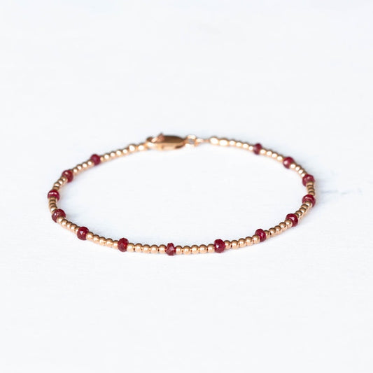 Dainty Rose Gold Fill Beaded Bracelet with Ruby, Skinny Beaded Stacking Jewelry, Sterling Silver July Birthstone