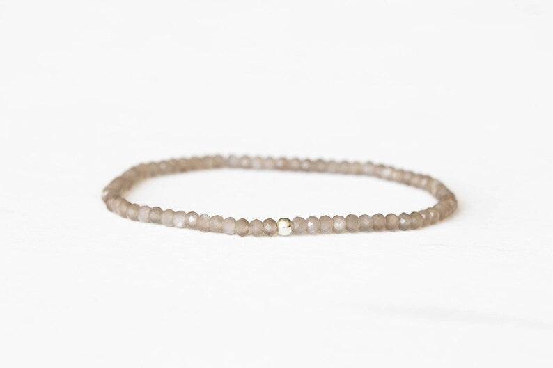 Gray Moonstone Stretch Bracelet, Beaded Delicate Gray Elastic Stacking Bracelet, Faceted Moonstone Jewelry, June Birthstone