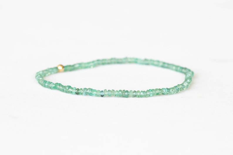Dainty Zambian Emerald Stretch Bracelet, Faceted Genuine Beaded May Gemstone Jewelry