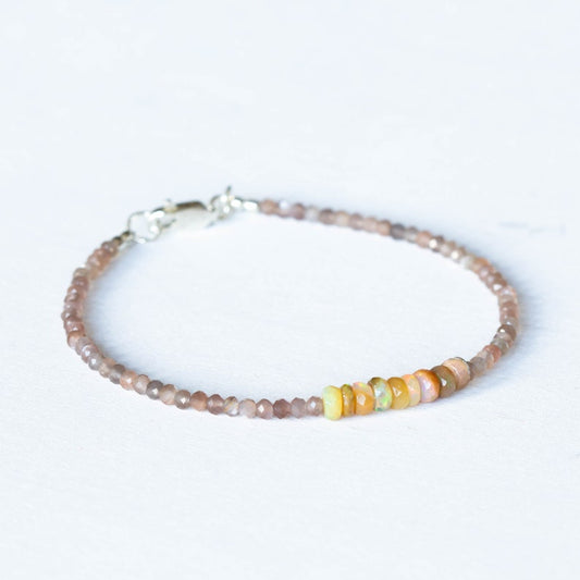 Chocolate Moonstone & Golden Ethiopian Welo Opal Bracelet, Citrine Jewelry, Multi Gemstone Stacking Sterling Silver Rose Gold Fill
