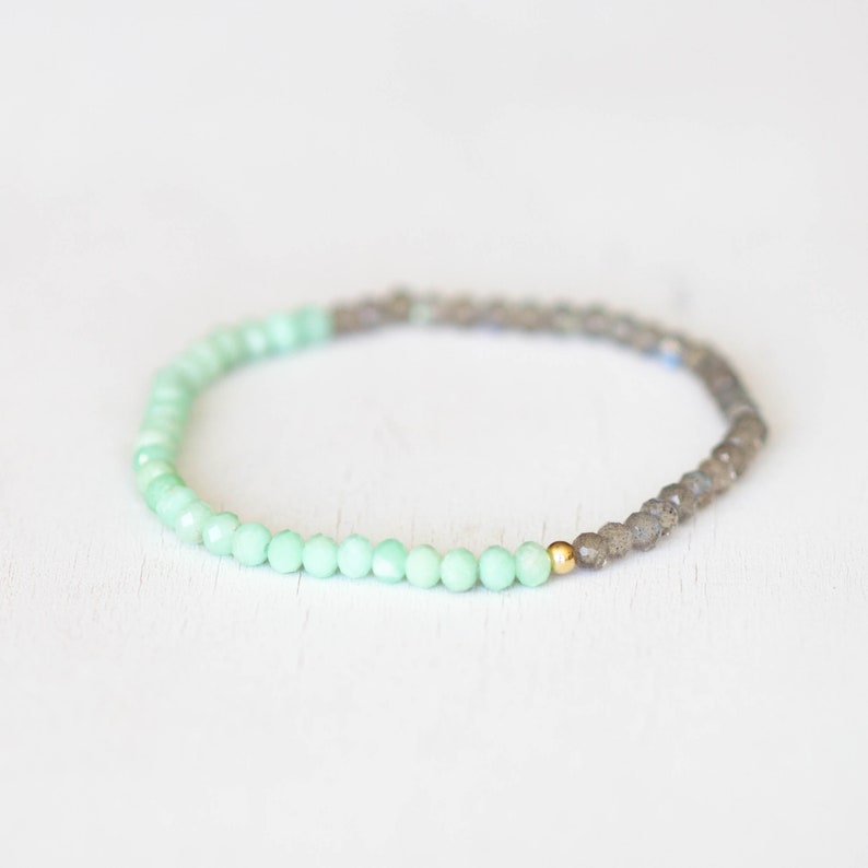 Chrysoprase and Labradorite Stretch Bracelet, Beaded Green Elastic Stacking Jewelry
