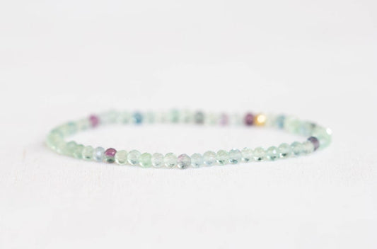 Dainty Fluorite Stretch Bracelet, Beaded Purple Green Gemstone Stacking Jewelry, Tiny Faceted Beads