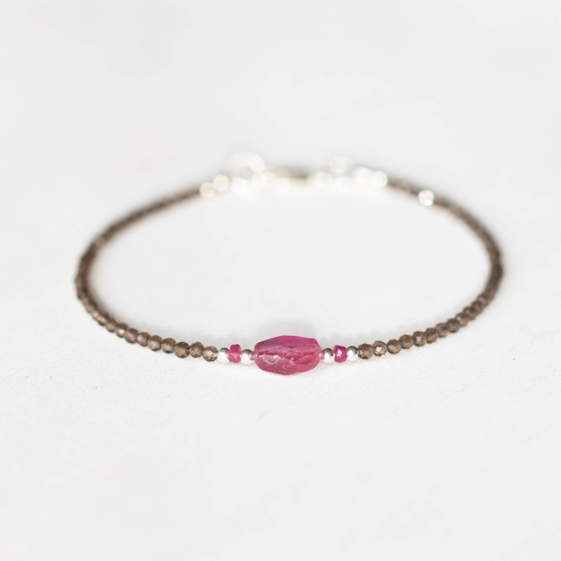 Dainty Smoky Quartz Bracelet with Pink Sapphire, Delicate Beaded Gemstone Jewelry
