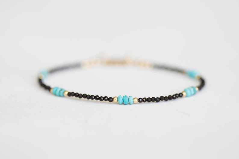 Dainty Black Spinel Bracelet with Genuine Turquoise, Natural Gemstone Jewelry