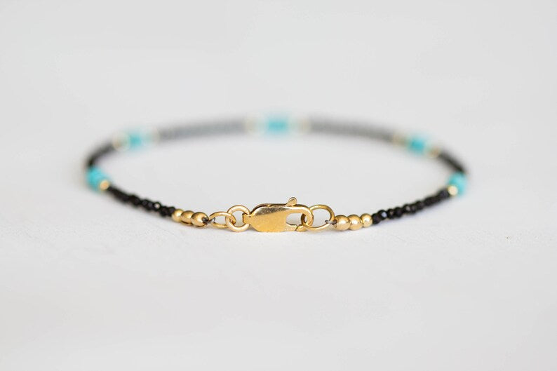 Dainty Black Spinel Bracelet with Genuine Turquoise, Natural Gemstone Jewelry
