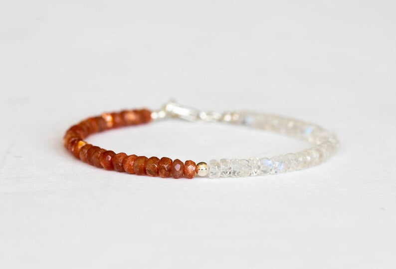 Moonstone & Sunstone Bracelet, Beaded Rainbow Moonstone Jewelry