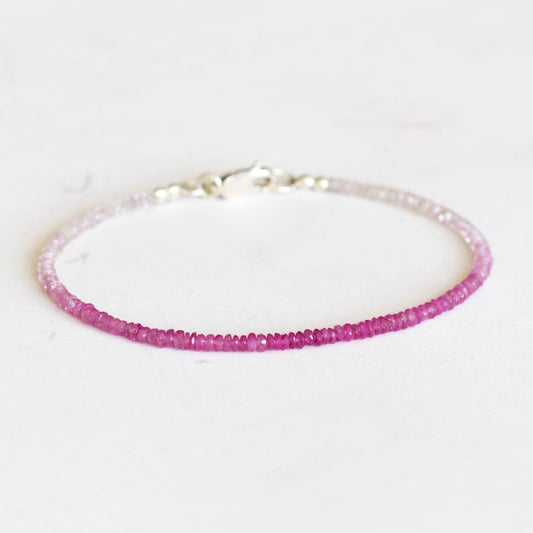 Dainty Shaded Pink Sapphire Bracelet, Genuine September Birthstone Beaded Jewelry