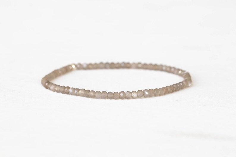 Gray Moonstone Stretch Bracelet, Beaded Delicate Gray Elastic Stacking Bracelet, Faceted Moonstone Jewelry, June Birthstone