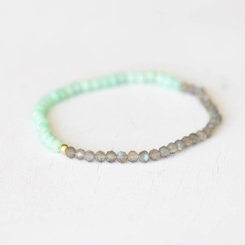 Chrysoprase and Labradorite Stretch Bracelet, Beaded Green Elastic Stacking Jewelry
