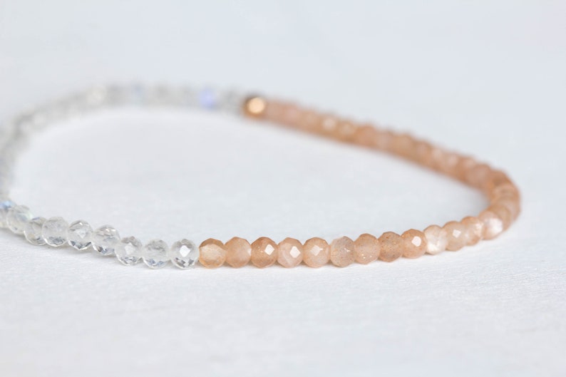 Rainbow and Peach Moonstone Stretch Bracelet, Dainty Beaded Gemstone Jewelry