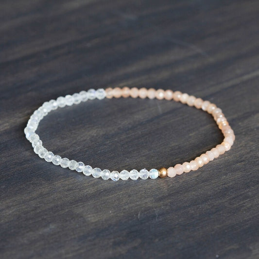 Rainbow and Peach Moonstone Stretch Bracelet, Dainty Beaded Gemstone Jewelry