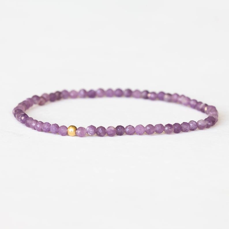 Lepidolite Stretch Bracelet, Dainty Beaded Purple Gemstone Jewelry