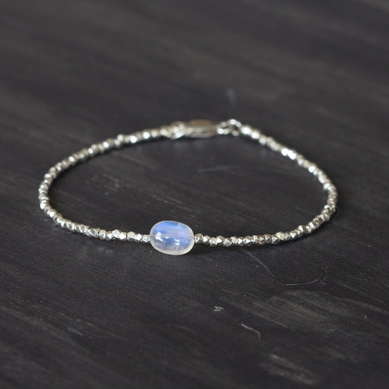 Dainty Fine Silver Bracelet with Rainbow Moonstone, Skinny Karen Hill Tribe Silver Stacking Bracelet