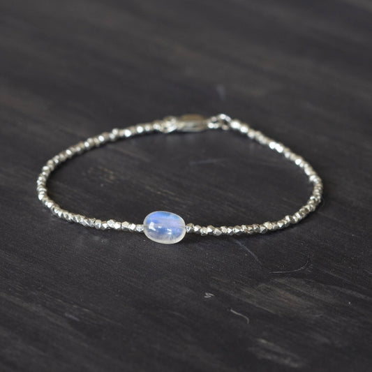 Dainty Fine Silver Bracelet with Rainbow Moonstone, Skinny Karen Hill Tribe Silver Stacking Bracelet